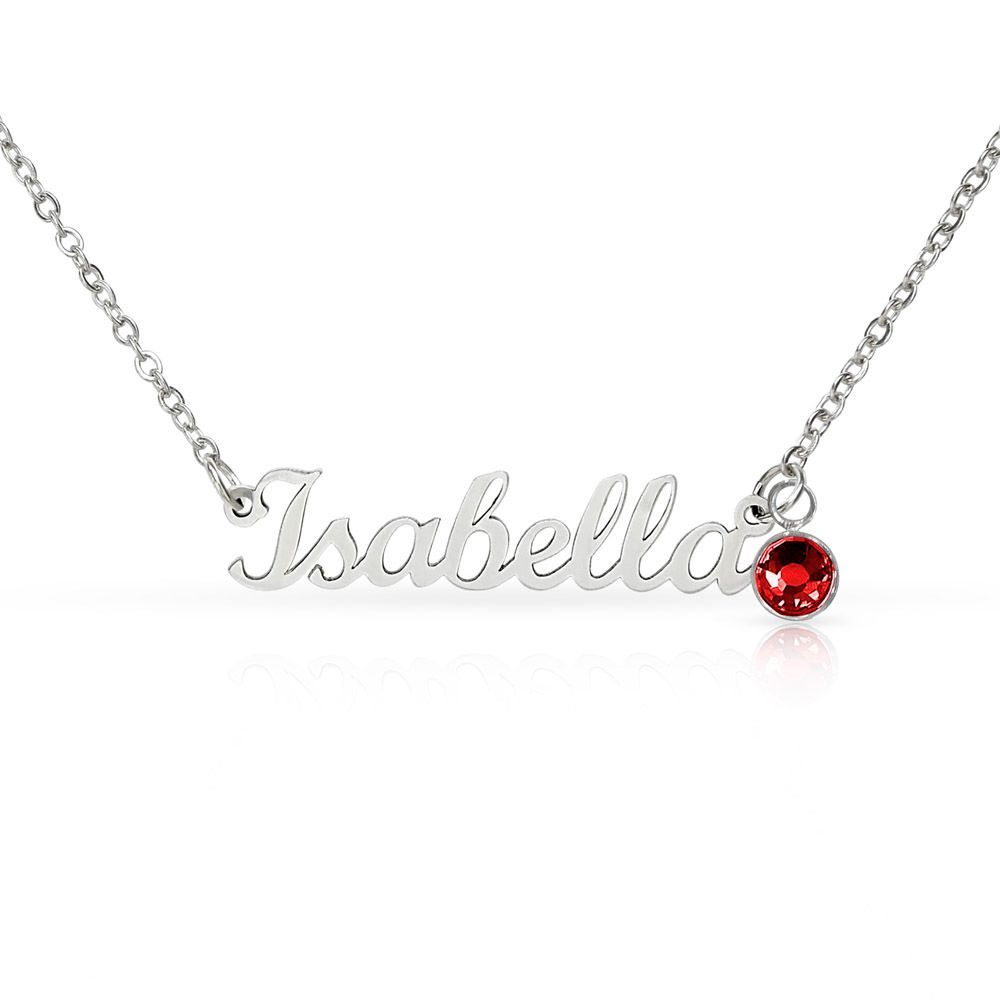 Name necklace with a birthstone pendant on the chain
